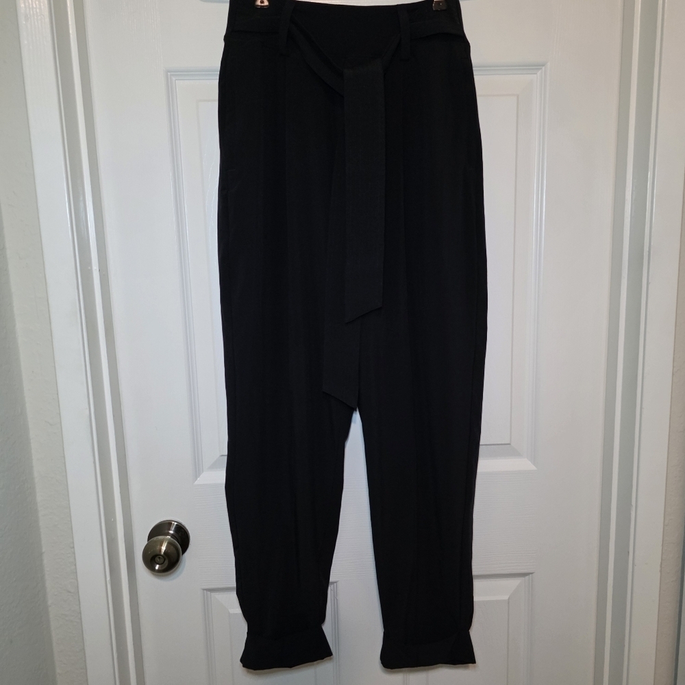 Athleta Womens 4 Cardiff Pants Trousers Black Tie Front Tapered Cuffed Leg